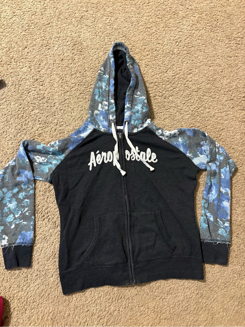 Aeropostale Black Zip Front Hoodie with Blue Floral Raglan Sleeves
